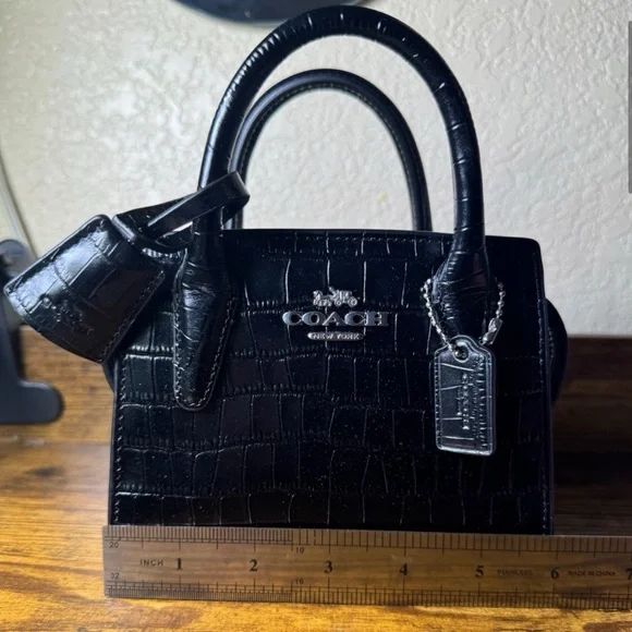 Coach Black Croc Embossed Leather Handbag - Picture 4 of 5